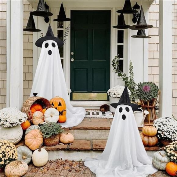 Halloween Decorations Outdoor Indoor, 2 Pack Spooky Ghost with Witch Hat, Scary - Picture 4 of 8